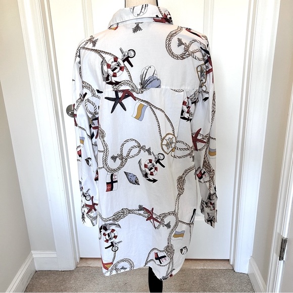 Zara White and Red Casual Button Down Shirt Dress Nautical Print SZ L - Picture 2 of 7